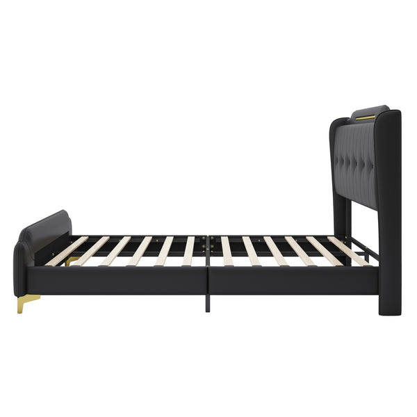 English Elm Christopher Knight Home® - Queen PU Leather Bed with Wingback Headboard & Footboard, Gold Accent Platform, 12 Slats, Sturdy Support Black 64 L x 21 W x 9.25 H N761P205938B