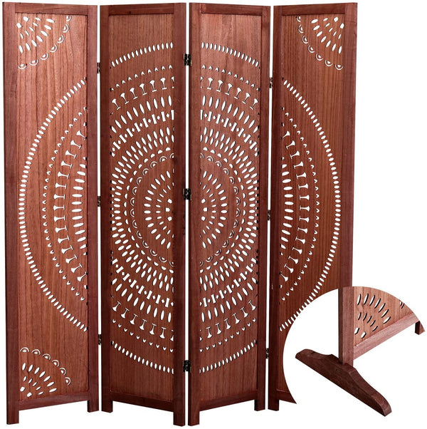 English Elm 55.2'' Solid Wood 4-Panel Folding Room Divider - Stylish Brown Privacy Screen For Any Space B205P241658