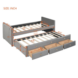 English Elm Twin Upholstered Daybed with Pull-Out Trundle and 3 Drawers, Velvet Finish, Solid Frame, Slat Kit Included Gray SF000147AAE