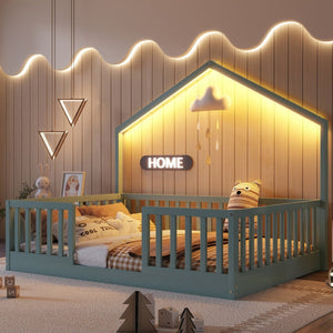English Elm Twin Montessori Floor Bed House Frame with Led Lighting and Safety Rails for Kids Grey W2593P440606