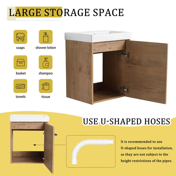 English Elm 18'' Floating Wall-Mounted Bathroom Vanity with Ceramic Sink, Soft-Close Door & Space-Saving Design Imitative Oak W999P236339