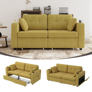 English Elm Sofas for Living Room Chenille Three Seat Couch with Usb Charging Storage and Cup Holder Mustard Yellow W395S00145