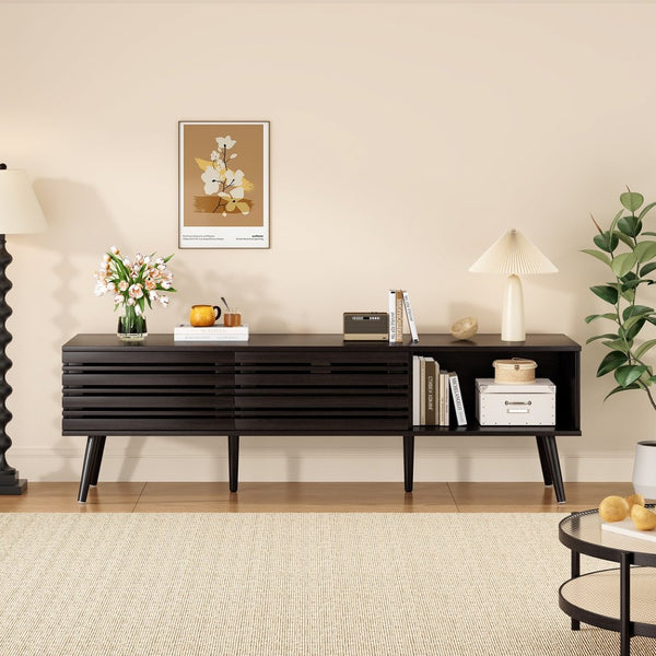 English Elm Mid Century Modern Fluted Wood Media Console with Storage Cabinets for Living Room Dark Walnut T3623P435375