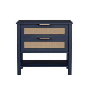 English Elm Rattan Front Boho Coastal Nightstand with Gold Pulls Open Shelf and Woven Drawer Accents Navy Blue T3210P471551