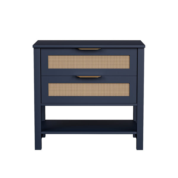 English Elm Rattan Front Boho Coastal Nightstand with Gold Pulls Open Shelf and Woven Drawer Accents Navy Blue T3210P471551