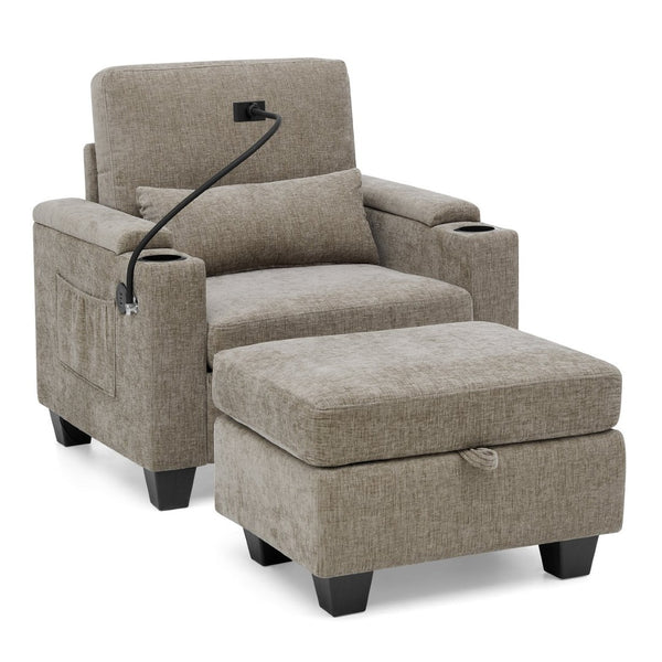 English Elm Single Chenille Manual Recliner with Usb Port Hidden Storage Ottoman and Cup Holders Brown W487P423653