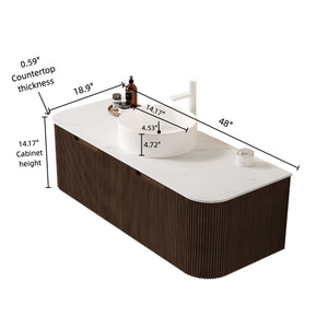 English Elm Dina 48" Wall-Mounted Bathroom Vanity With Curved Edges, White Round Sink & Dark Walnut Storage Cabinet W2615S00126