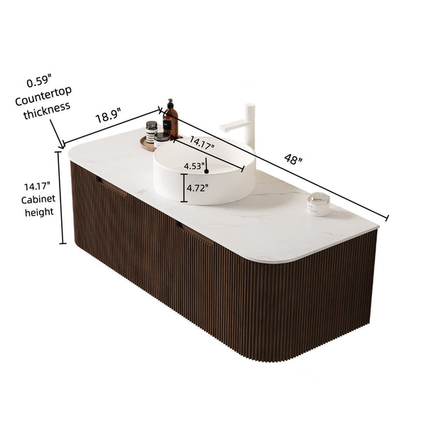 English Elm Dina 48" Wall-Mounted Bathroom Vanity With Curved Edges, White Round Sink & Dark Walnut Storage Cabinet W2615S00126