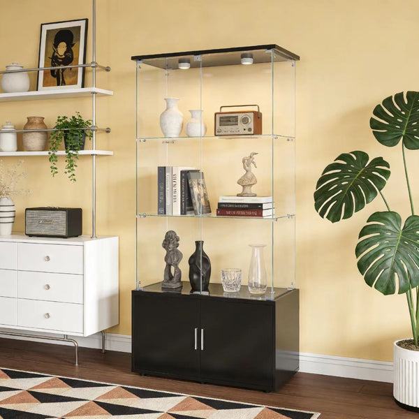 English Elm Double-door Glass Display Cabinet with Led Lighting Four Shelf Living Room Storage Black W3155S00023