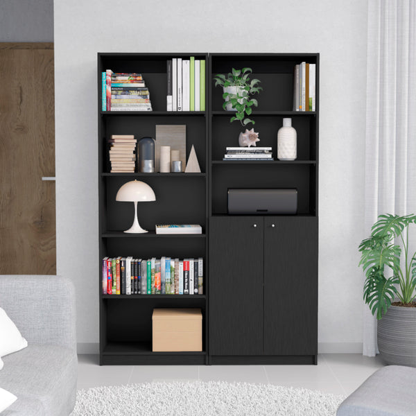 English Elm Layton Modern 2-Piece Bookcase Set with 8 Shelves & Concealed 2-Door Cabinet for Stylish Storage Black 41 L x 28 W x 5 H B070S00245
