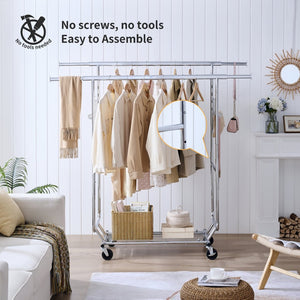 English Elm Double Rod Steel Garment Rack Rolling Collapsible Heavy Duty Closet Storage W1903P172833