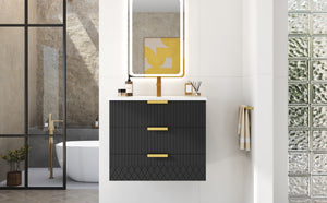 English Elm 24inch Bathroom Vanity with Ceramic Basin Sink, Wall-Mounted Double Drawer Cabinet for Small Baths Black N710P324097B