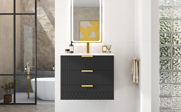English Elm 24inch Bathroom Vanity with Ceramic Basin Sink, Wall-Mounted Double Drawer Cabinet for Small Baths Black N710P324097B