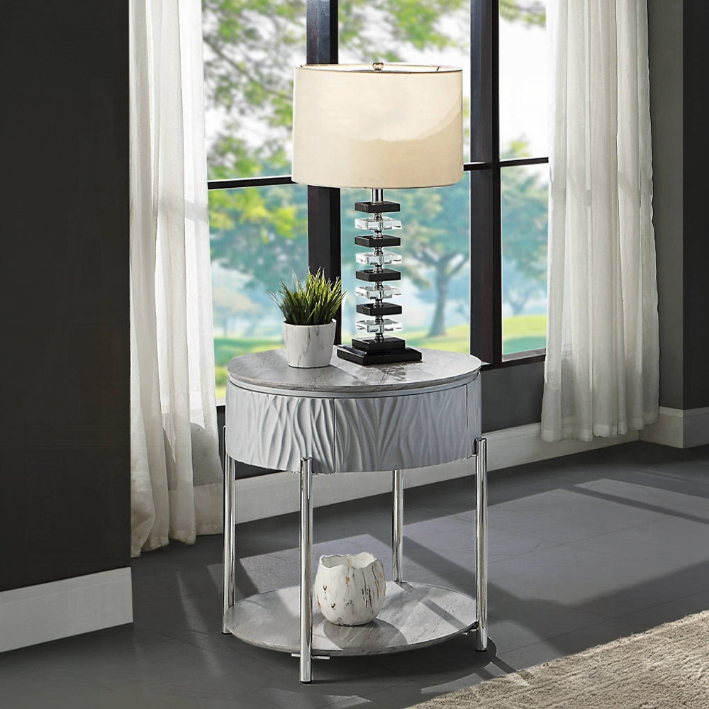 English Elm Grey High Gloss End Table With Chrome Legs And Drawer – Modern Accent For Stylish Living Spaces B062P209132