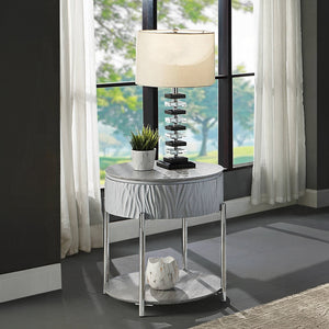 English Elm Grey High Gloss End Table With Chrome Legs And Drawer – Modern Accent For Stylish Living Spaces B062P209132