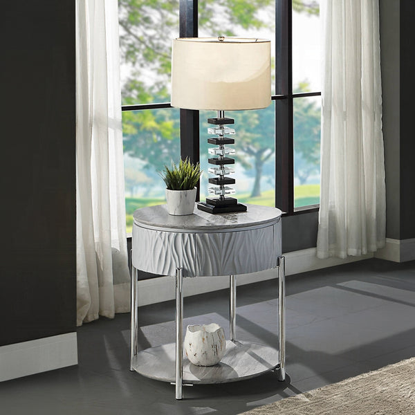 English Elm Grey High Gloss End Table With Chrome Legs And Drawer – Modern Accent For Stylish Living Spaces B062P209132