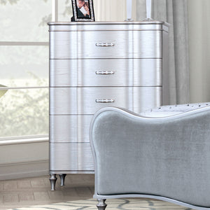 English Elm Silver Glam White Curved Chest 5-Drawer with Acrylic Crystal Handles, Turned Legs, Felt Lined Top B2741P372234