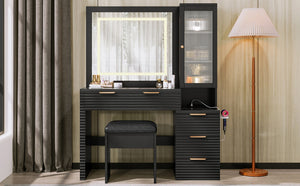 English Elm 43.5" Fluted Black Makeup Vanity with Lighted Mirror Charging Station and Storage Stool N704P340248B