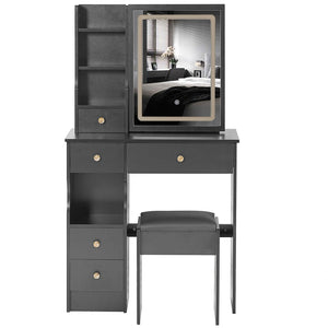 English Elm 29.2" Compact Vanity Table Set With Led Mirror, Touch Control, Cushioned Stool & Ample Storage Solutions W3258P299612