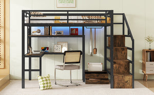 English Elm Full Size Loft Bed With Desk, Wardrobe & Led Light – Space-Saving Metal Design For Kids' Rooms! W2593S00019