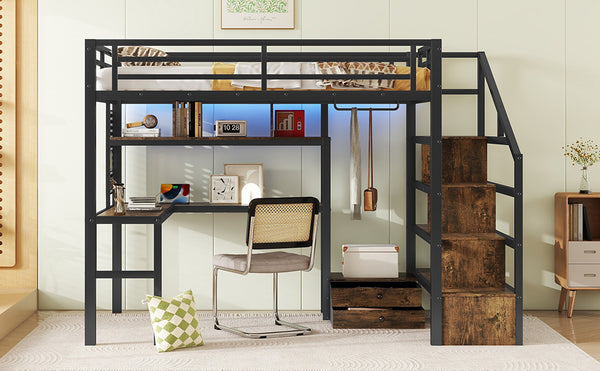 English Elm Full Size Loft Bed With Desk, Wardrobe & Led Light – Space-Saving Metal Design For Kids' Rooms! W2593S00019