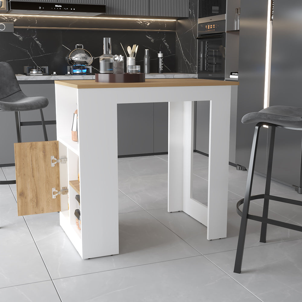 English Elm Aurora Compact Kitchen Island with Open Shelves & Cabinet in White and Macadamia — Stylish Prep Hub B062111733