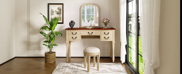 English Elm 46" Vintage Dressing Table Floral Carved Mirror 5 Drawers Stool Bedroom Vanity N704P381405K