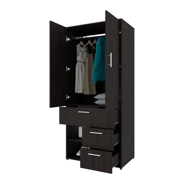 English Elm Upland Black Wood Armoire with Hanging Rod Drawers and Open Compartments B092S00279