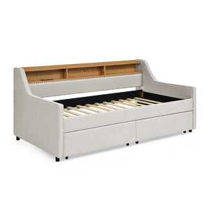 English Elm Twin Size Upholstered Sofa Bed With Led Lighting, Wireless Charging & Storage Drawers In Beige W1413S00056-GIGA