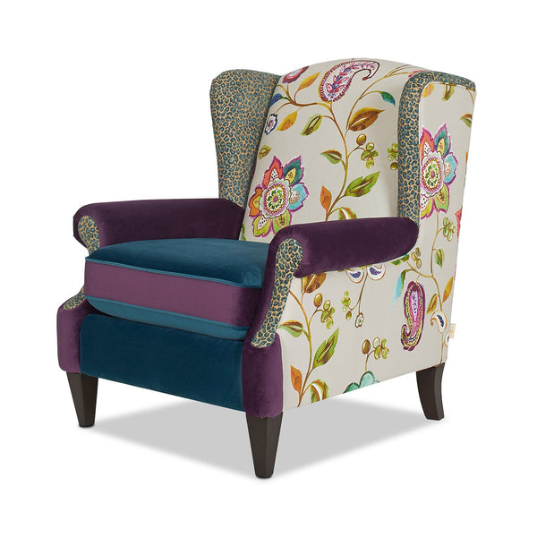 English Elm Jennifer Taylor Home - Anya Boho Chic Wingback Accent Chair - Luxurious Floral & Leopard Velvet In Blue-Teal & Purple B2719P238251