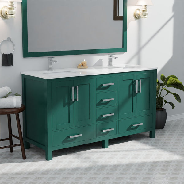 English Elm Green Double Bath Vanity 60in W x 22in D with Cultured Marble Top, Solid Wood, Soft-Close Drawers B2731P259095