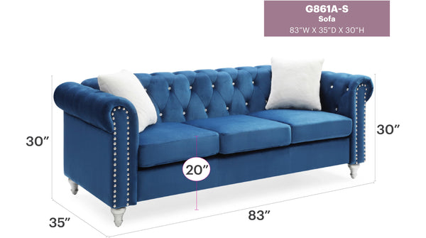 English Elm Raisa Navy Blue Velvet Sofa with Jeweled Tufting, Nailhead Trim, Pocketed Coil Cushions & Pillows B078S00099