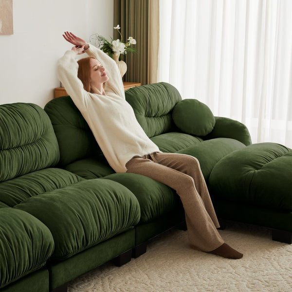 English Elm Pleated Chenille U-shape Sectional Sofa with Ottomans Ergonomic Foam Curved Armrests Green W5656S00051