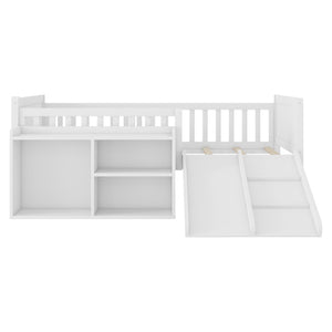 English Elm Twin Low Loft Kids Bed with Fun Slide Climbing Structure and Movable Bookshelf White W2593P437109