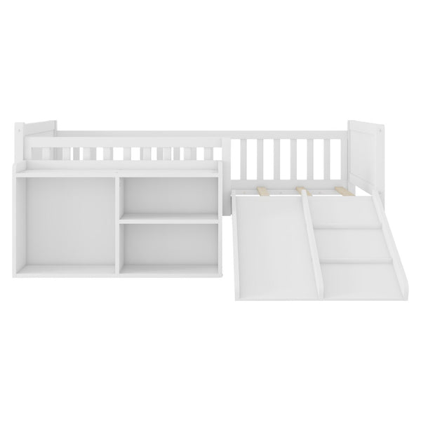English Elm Twin Low Loft Kids Bed with Fun Slide Climbing Structure and Movable Bookshelf White W2593P437109
