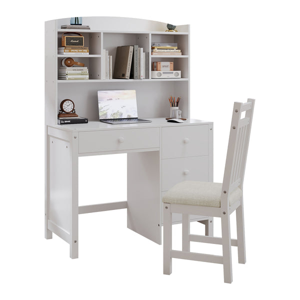 English Elm Vintage 40'' Home Executive Desk Set with Upholstered Chair and Built-In Bookshelf for Stylish Productivity White 44 L x 23 W x 13.5 H N733P272894K