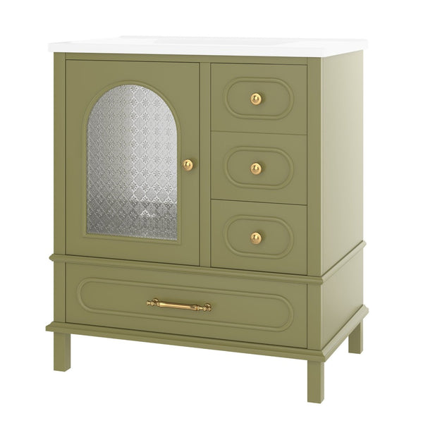 English Elm 30" Freestanding Bathroom Vanity Solid Wood Cabinet Ceramic Basin 3 Drawer Storage Green W1580P382512