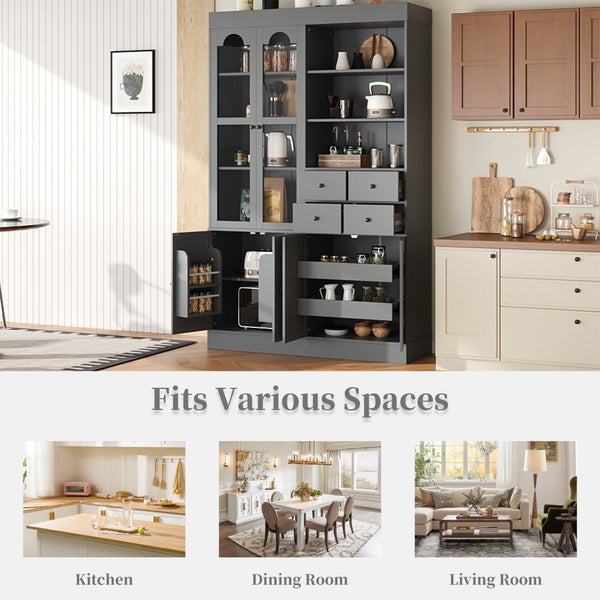 English Elm Topmax Shaker Buffet Hutch with Glass Doors Drawers and Pull-out Trays Gray SP000092AAE