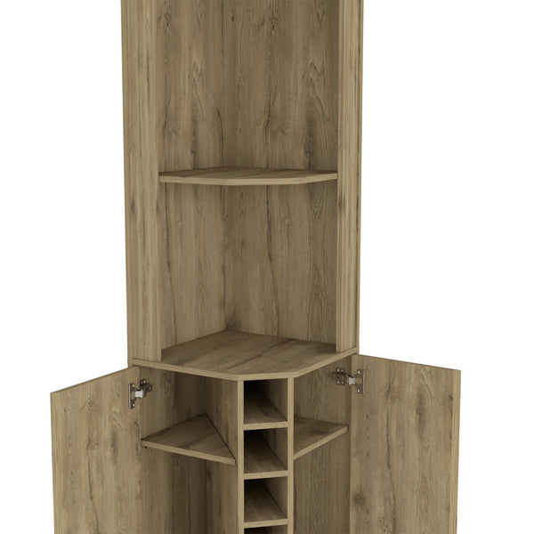 English Elm Reese Corner Bar Cabinet with Wine Rack Stemware Storage and Paneled Double Doors B128S00157