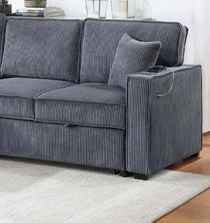 English Elm Convertible Corduroy Sectional Sofa with Reversible Chaise, Hidden Storage, USB Port & Pull-Out Bed Dark Gray 60 L x 30 W x 19 H B011S01243