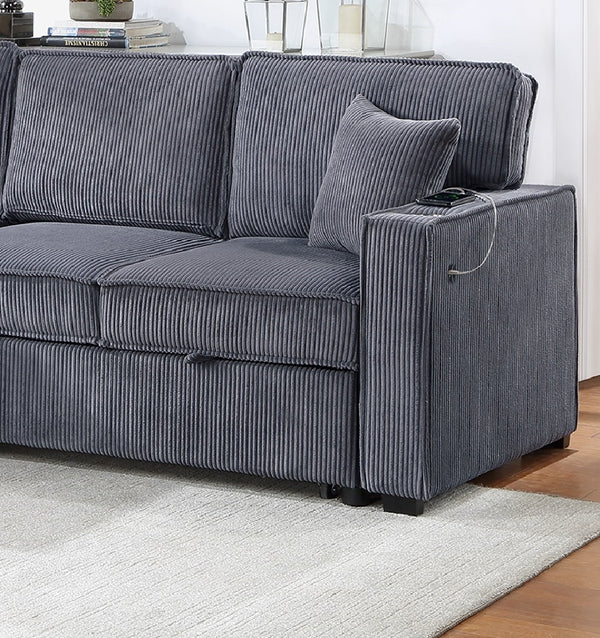 English Elm Convertible Corduroy Sectional Sofa with Reversible Chaise, Hidden Storage, USB Port & Pull-Out Bed Dark Gray 60 L x 30 W x 19 H B011S01243