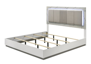 English Elm Mist King Bed Two-Tone Lacquer & Marble-Style Headboard with Padded Backing, LED Ambience Lighting B009S01596