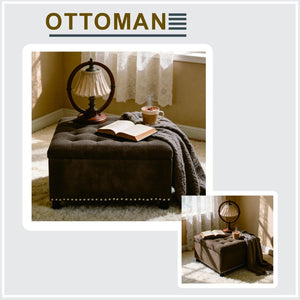 English Elm Storage Ottoman Tufted Nailhead Trim Lift Top Footstool for Living Room or Bedroom Coffee W5568P447091