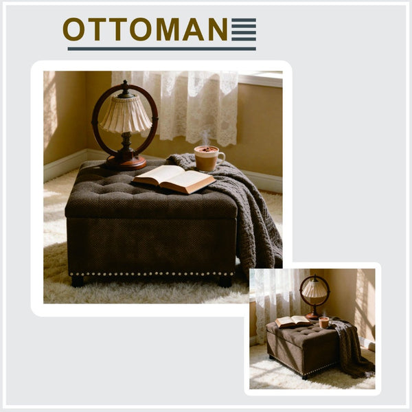 English Elm Storage Ottoman Tufted Nailhead Trim Lift Top Footstool for Living Room or Bedroom Coffee W5568P447091