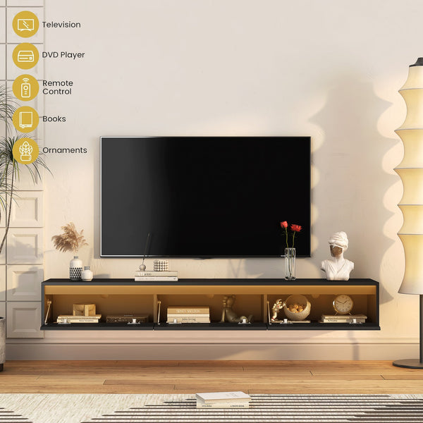 English Elm Floating Wall TV Stand with LED Touch Light, High-Gloss Black Cabinet, 3 Plugs 2 USB Ports, Cord Management W1321P176417