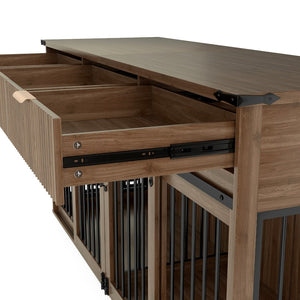 English Elm 71'' Walnut Woodgrain Dog Kennel Cabinet with Fluted Drawers and Built-in Power Station W5216S00002