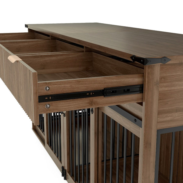 English Elm 71'' Walnut Woodgrain Dog Kennel Cabinet with Fluted Drawers and Built-in Power Station W5216S00002