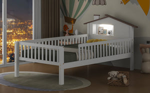 English Elm Twin House-Shaped Platform Bed with Built-In Storage, LED Accent Lighting and Rustic Pine Charm (95) White N709P184429K