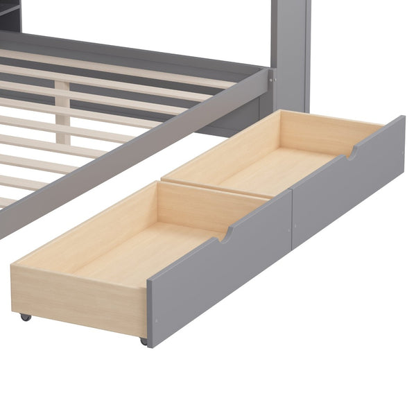 English Elm Wooden Twin Daybed with Trundle Built-in Desk and Open Shelves for Kids Rooms Gray N733S373385E