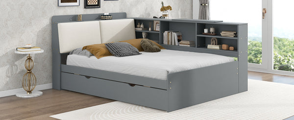 English Elm Wood Full Size platform bed with trundle, built-in storage headboard and shelves, sturdy pine frame Gray GX002055AAE